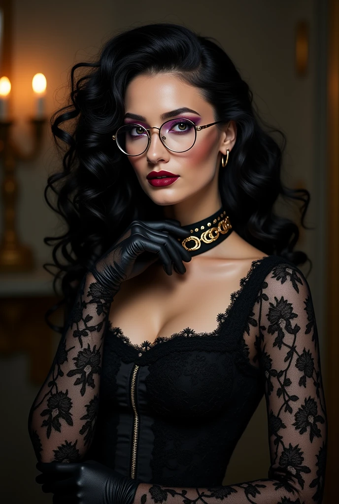 With long, curly black hair、Heavy makeup and purple eyeshadow、Around her neck she wears a black ribbon scarf with a gold chain pattern.、Wearing gold-rimmed glasses、Wearing black lace gloves、Adult german woman in a dress