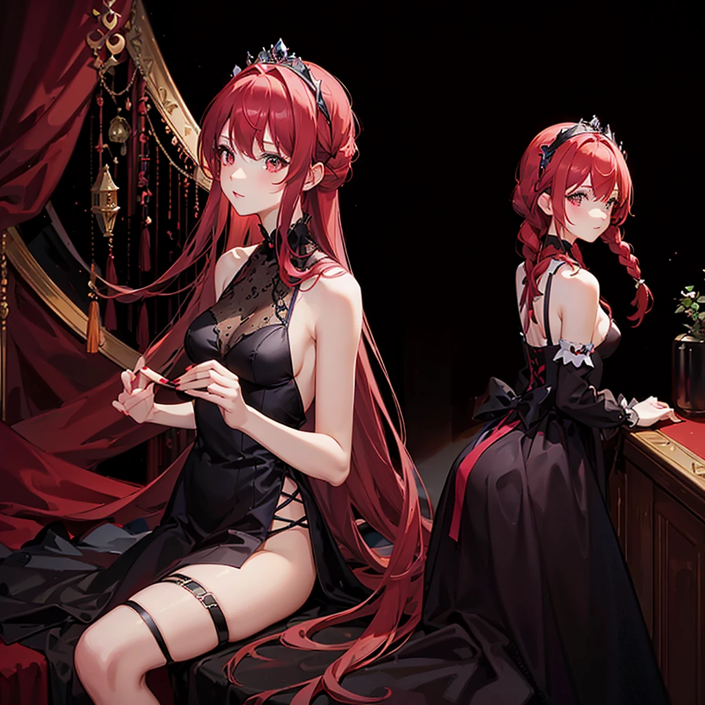 A beautiful hot princess dressed in lingerie , red hair ,Red eyes. Side braid hair, try on several dresses, some short or long. Black, red or blue in color, or pink