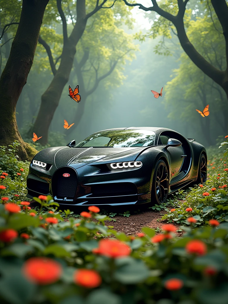 Here is the image of the Bugatti La Voiture Noire in an enchanted forest, surrounded by vibrant flowers, leaves, and butterflies. The scene captures the magical atmosphere you imagined. Must be Ultra wide frame angle