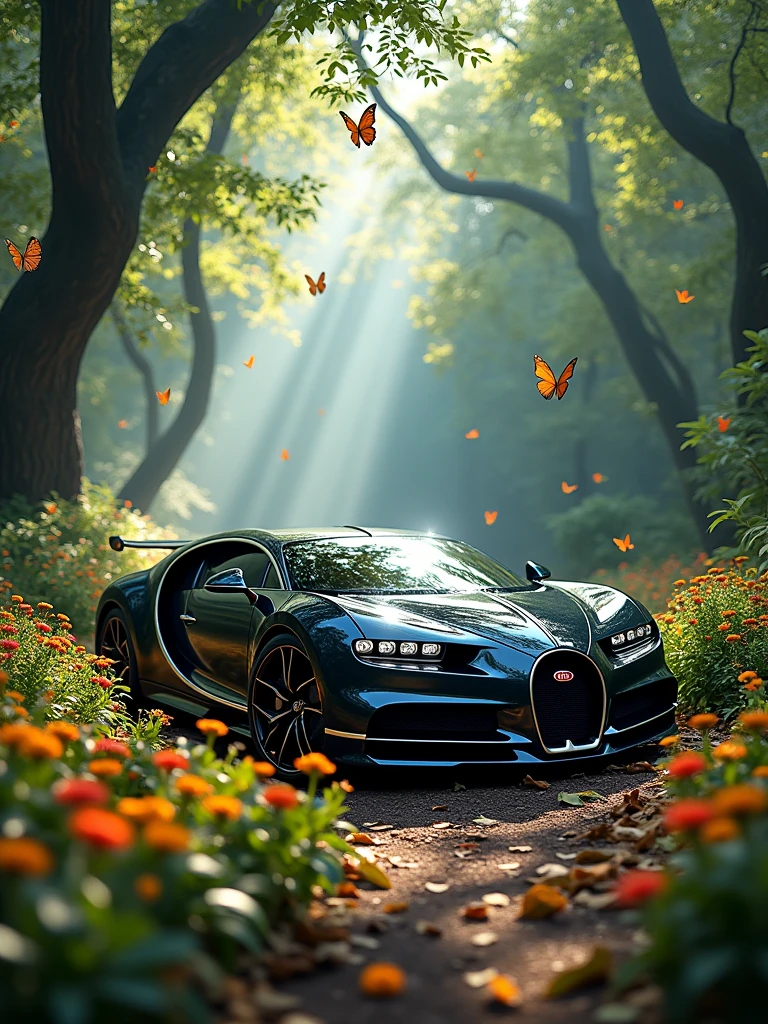 Here is the image of the Bugatti La Voiture Noire in an enchanted forest, surrounded by vibrant flowers, leaves, and butterflies. The scene captures the magical atmosphere you imagined. Must be Ultra wide frame angle