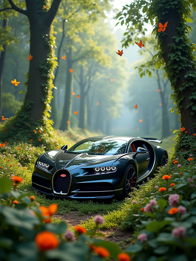 Here is the image of the Bugatti La Voiture Noire in an enchanted forest, surrounded by vibrant flowers, leaves, and butterflies. The scene captures the magical atmosphere you imagined. Must be Ultra wide frame angle