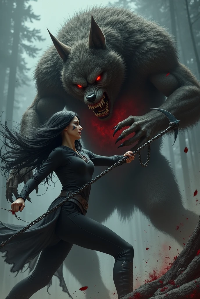 Now create an image of an rpg.
where a woman with black hair and dark clothes she has one blue eye with a scar and another normal eye. Her weapon is a chain with a scythe on the end and she is facing a huge werewolf. She rips out the animal&#39;s heart