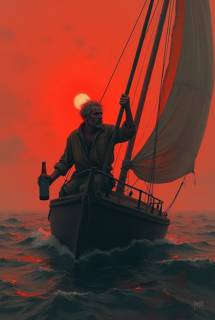 Man adrift in a boat, with a bottle in his left hand, holding on to the sail mast, with the reddish sky
