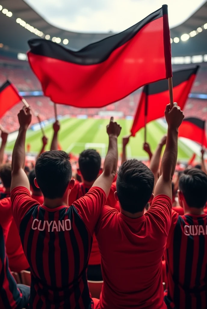 Fans of a soccer match, of a team called Mota whose colors are red and black. With flares of canvas flags totally crazy and euphoric with t-shirts with the Cuyano name on the back