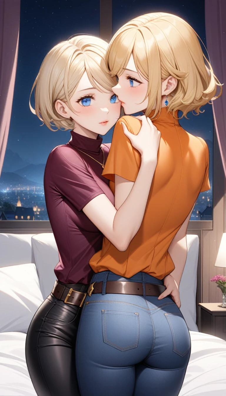 Two beautiful ladies ((lady 1: 35y old mom, with short straight blonde hair, lady 1 with blue eyes and caucasian skin, lady 1 wearing Tight Jeans and Leather Belt, lady 1 Sexy Criss Cross Mock Neck Short Sleeves Orange Blouse)), ((lady 2: 13y old daughter, with short straight blonde hair, lady 2 with blue eyes and caucasian skin, lady 2 wearing Tight Jean Shorts and Leather Belt, lady 2 Sexy Criss Cross Mock Neck Short Sleeves Burgundy Blouse)), luxurious jewelry, 18k gold wedding ring on left hand, standing in their bedroom at night, hugging and kissing each other, (light brown lipstick), (elegant mascara), (slim body), (small breasts), (wide hips), endjourney, <lora:GoodHands-, <lora:GoodLegs-, UHD, high resolution, (expressive eyes, perfect face, full body, expressive face, perfect body, perfect pussy, athletic, fit, slim body, blushing, Perfect makeup, eyeliner, beautiful eyelashes, smiling, horny face), ((best illumination, best shadows)), ((sexy pose)), ((Front pov:1.1))