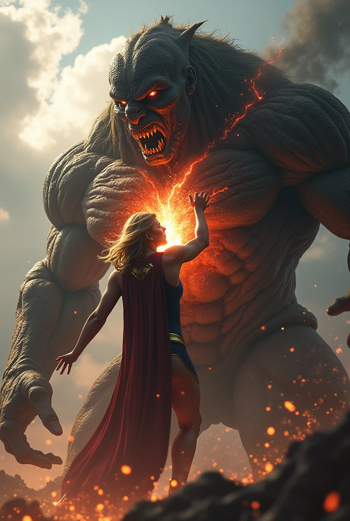 Supergirl ripping open the chest of a gigantic creature with her torn and burning costume
