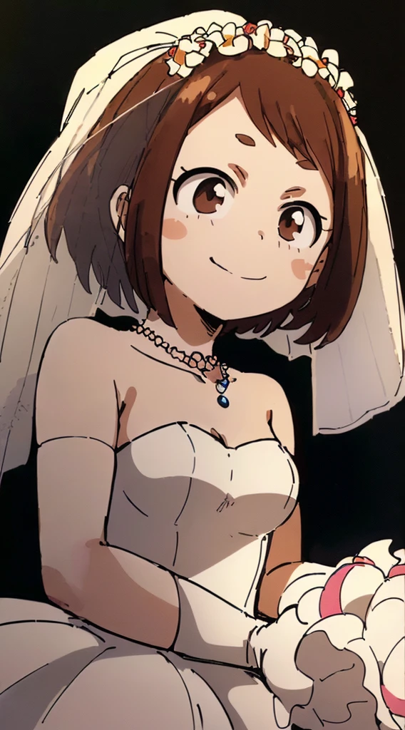 ochaco_uraraka, 1girl, open_mouth, looking_at_viewer, smile, (best quality,8k,highres,masterpiece:1.2), ultra-detailed, (realistic,photorealistic,photo-realistic:1.37), detailed face, delicate eyes, high resolution, close-up of beautiful bride wearing beautiful, (transparent short veil:1.5), blushing face, head flower, headgear, (tube top wedding dress:1.5), (silk dress:1.2), (strapless wedding dress:1.5), pure white dress, necklace, earrings, deep v peach heart collar wedding dress, bangs, lipstick, (lace gloves:1.3), whole body shot, high detail raw color art, long white dress, whole body, [pov, body shot, from below view]