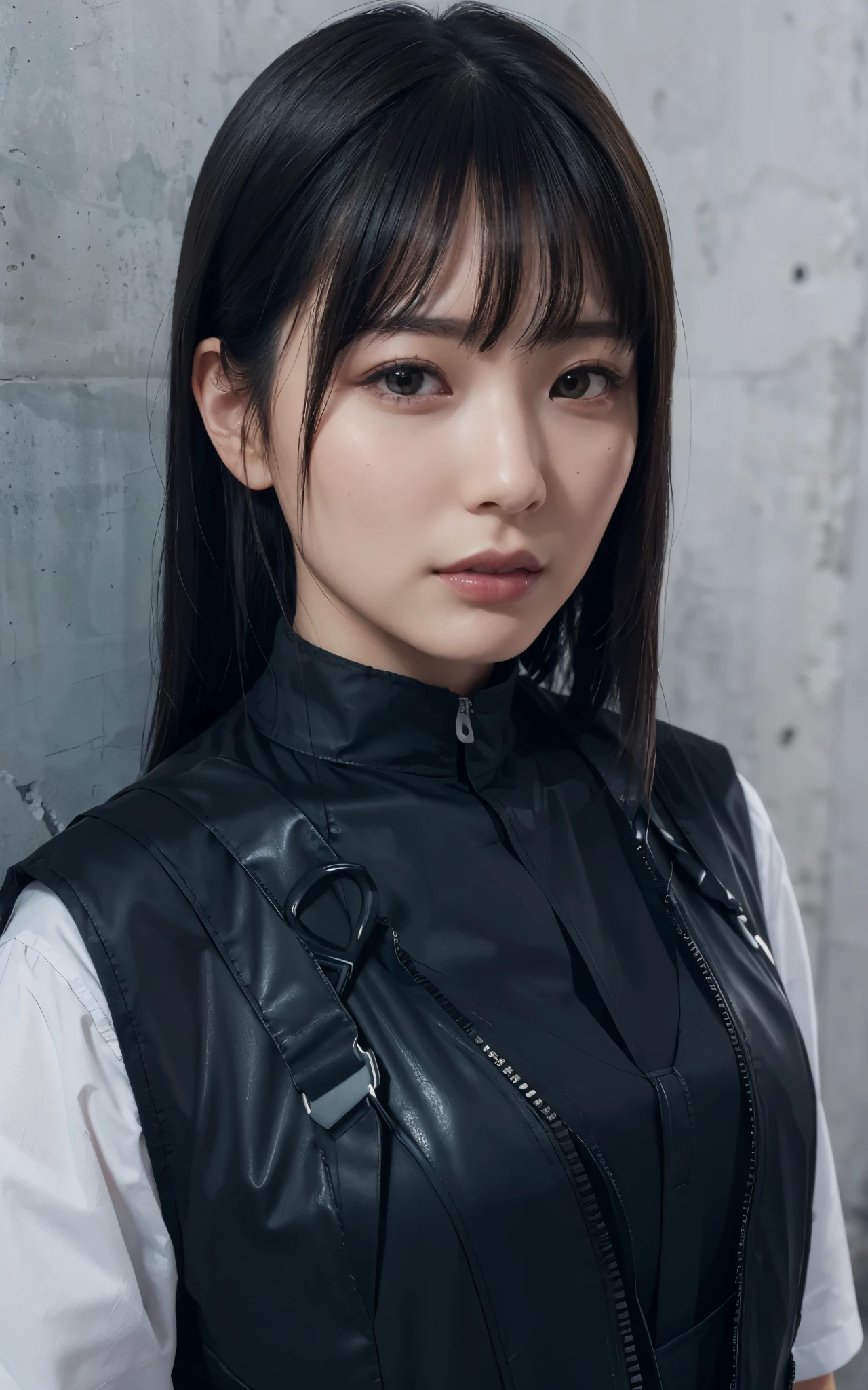 ((Best Quality, 8K, Masterpiece: 1.3, best quality)), photorealistic, photorealism, high resolution, ((face close up:1.2)), (detailed face skin, reallistic, Photorealsitic:1.37), face of 1girl, japanese, looking at the viewer, (Detailed face), medium long hair, (wearing dark rubber suit, tactical vests, military harness, high-tech headset), concrete wall background,
