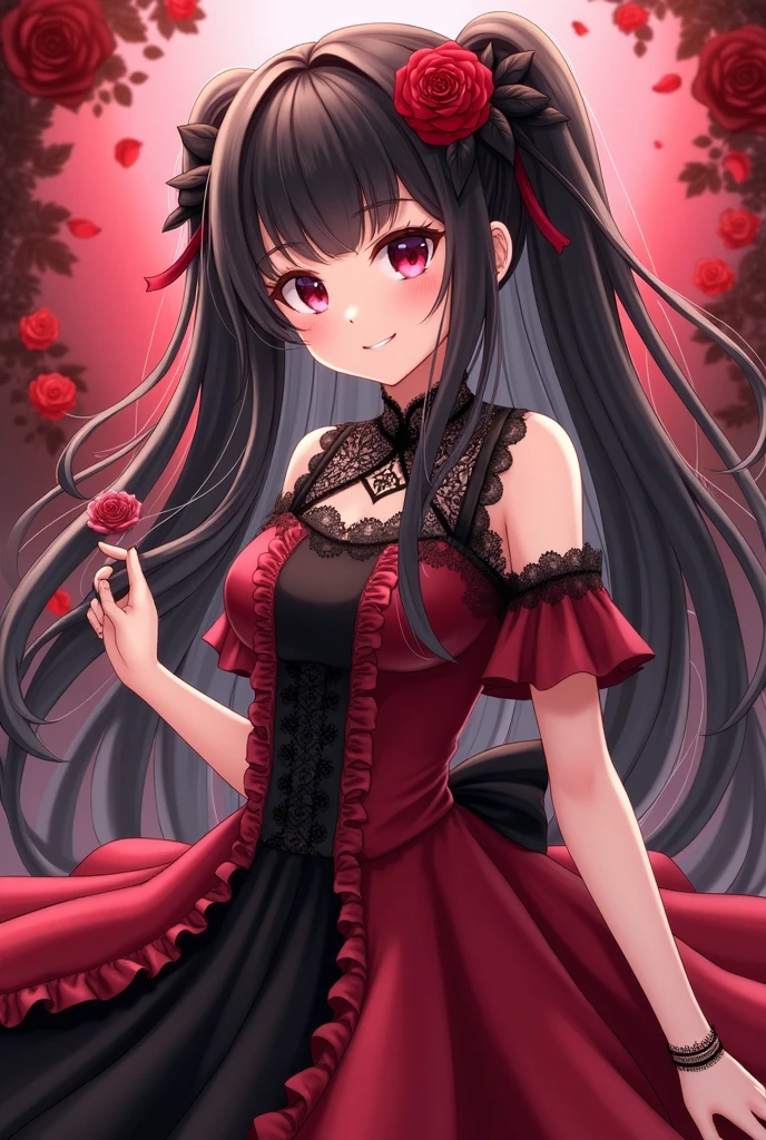 Cute hot girl art wear red dress and black dress some dress red rosey and some black rosey in in hair balck and red rose with pink rose bkue eyes