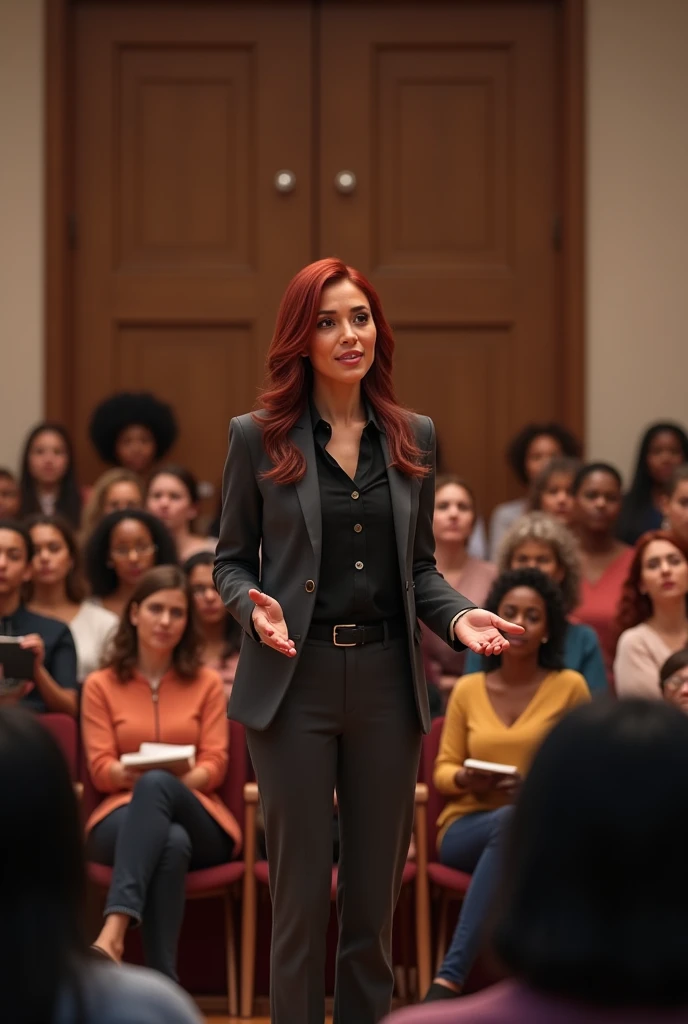 Develop an image for a lecture for women in vulnerable situations on women's rights. Feminist lawyer. Women around a stage. Humanized 4k.
Speaker dark reddish brown hair.