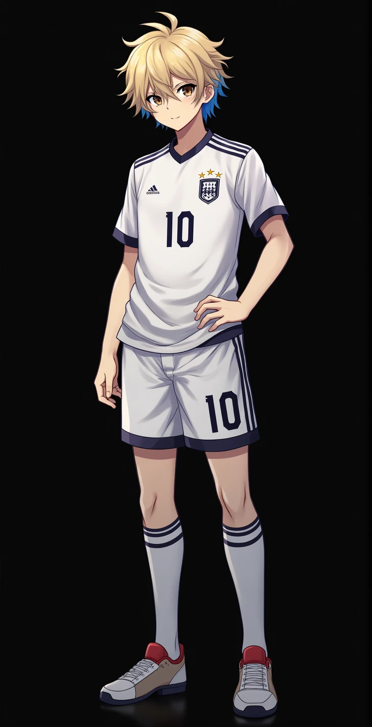 character, masculine, athletic body, Whole body, blue lock style, short blonde hair, brown eyes, jersey with the number ten, Football shirt, football shorts, low sports socks, slanted eyes, attractive, anime, 4k, White background