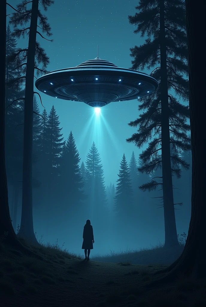 A night with pine trees in the background and a vinyl UFO
