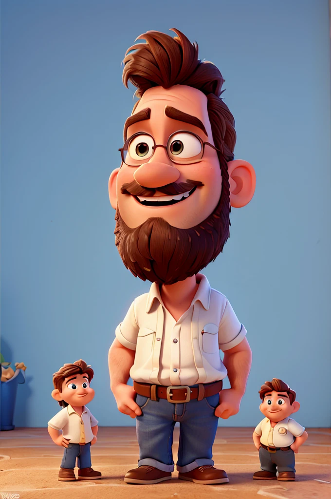 A Disney-Pixar style 3D cartoon movie poster of a 30 year old, with small beard, short hair and in V shape