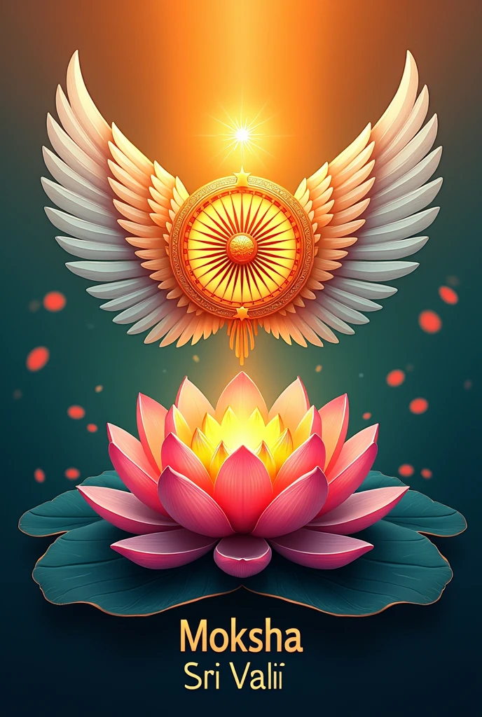Using Indian flag colours Ashok chakra with wings on lotus flower below the beautiful name Moksha Sri Valli