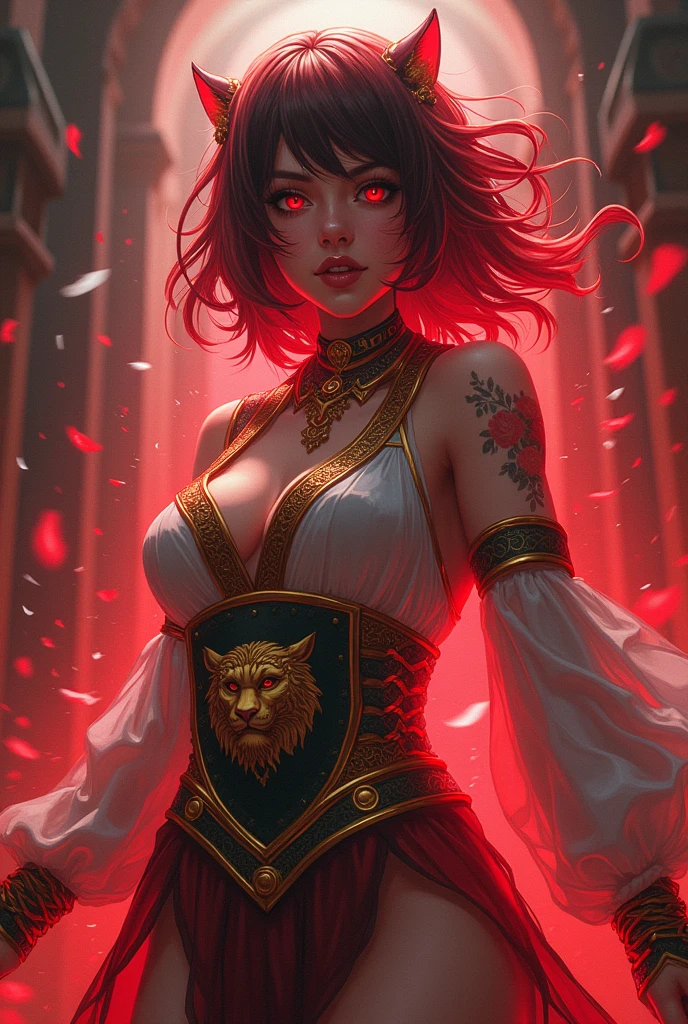 Drunk Style Woman, glued clothes, with red energy, and tiger coat of arms with shield. Anime fantasy