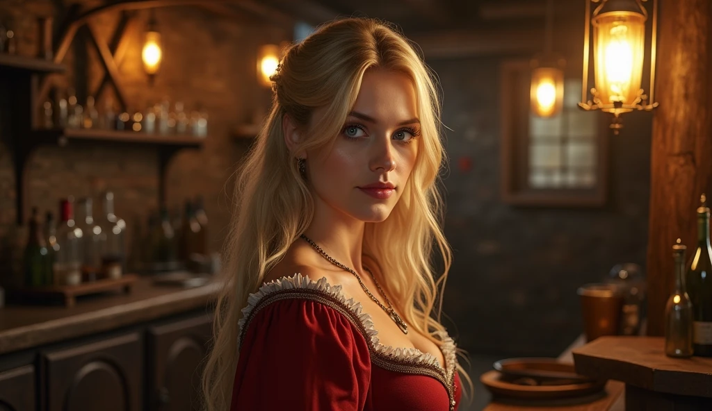 (photorealism:1.2), A beautiful blond woman from a medieval tavern