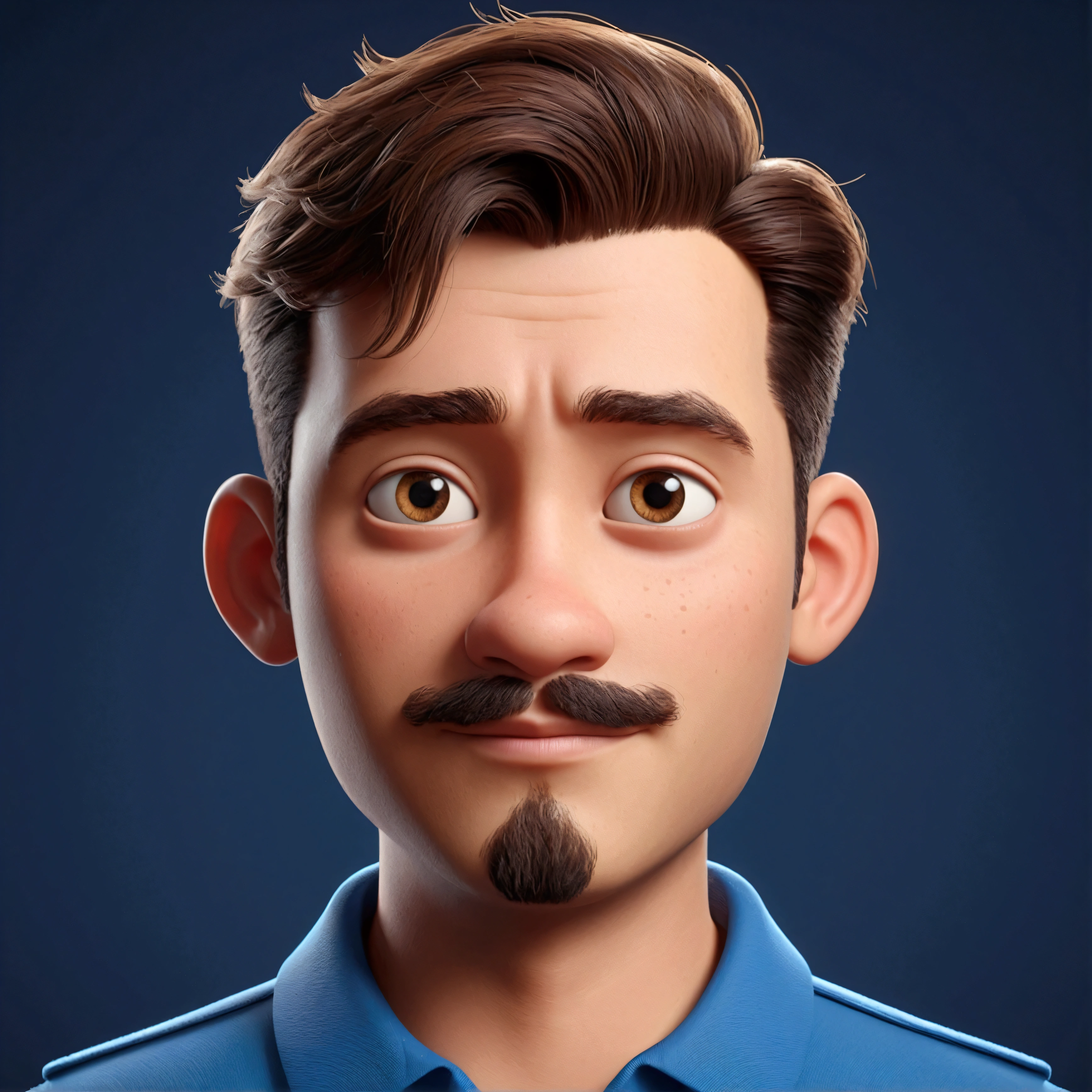 Cartoon character of a man with brown eyes, shaved hair style military cut, 3 years old, with mustache and beard on the chin part, blue polo shirt, an animated character, Stylized character, animation style rendering, stylized 3D, Arnold Maya Render, Stylized 3D Render, toon render screenshot, 3D Character, 3D Character, Stylized 3D Render, 3D Character Render, cartoon character, Close up Character, Character Pose, (Pixar Style) (master part:1.2) (Bokeh) (best quality) (detailed skin) (detailed texture) (8K) (clay) (cinematic lighting) (sharp focus,Sits and leaks the upper body