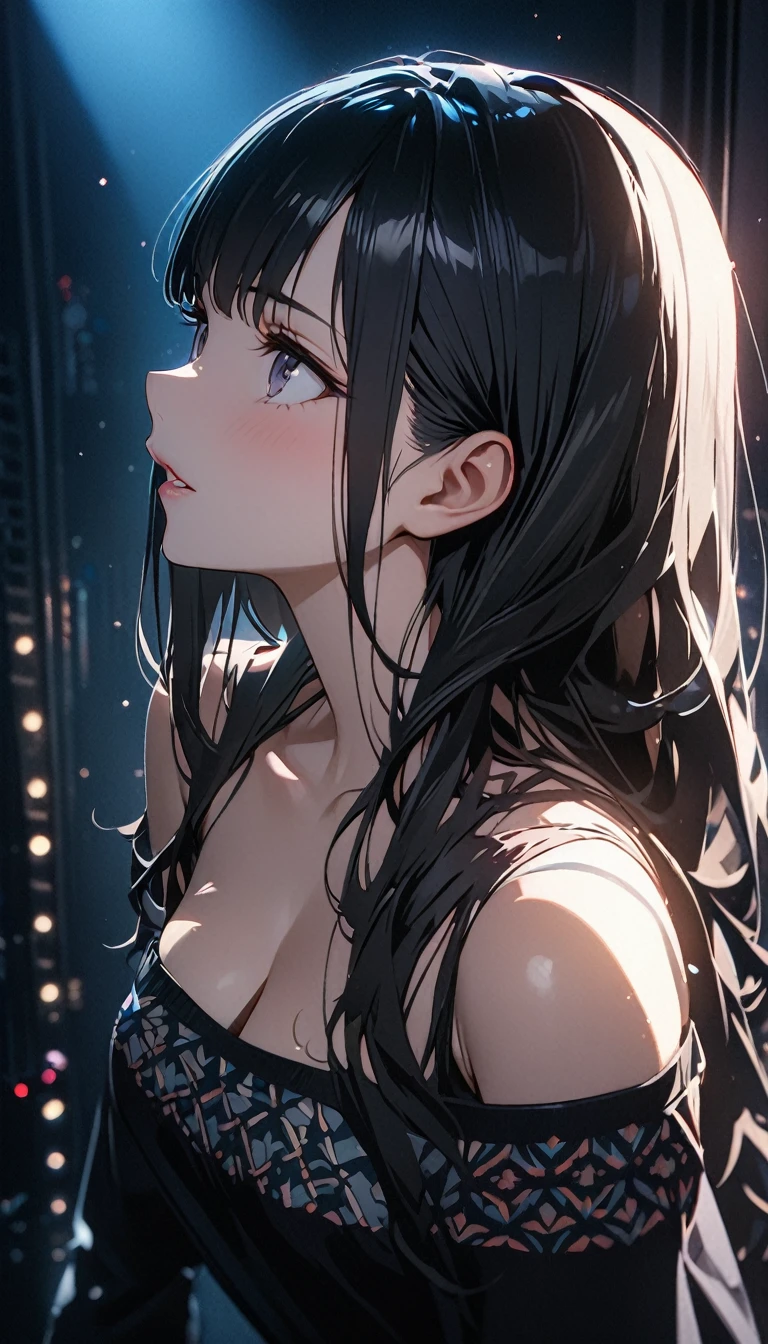 ((Highest quality)), ((masterpiece)), (detailed), Ultra HD、8k, (Cinema Lighting)、(Anime illustration)、Look up、Perfect Face、detailedな顔、detailedな目、(Long Hair、Black Hair、bangs、straight)、detailedな髪、Cute Girls、(Off-the-shoulder shirt、Gorgeous pattern)、Seductive lips、Cleavage、Fine skin、night、looking at the camera