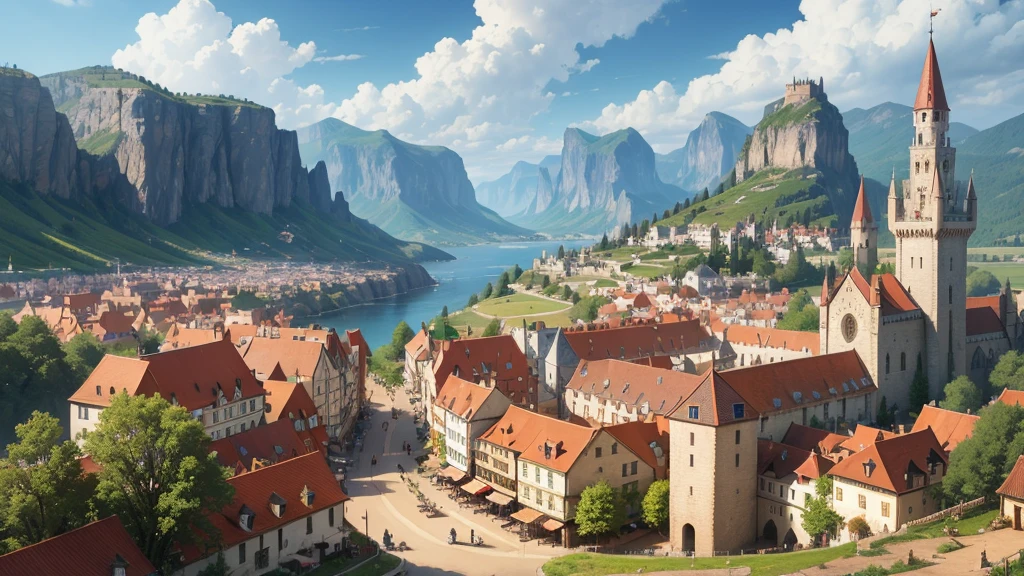 A wide shot of the kingdom of Alvoria, with a bustling town square.