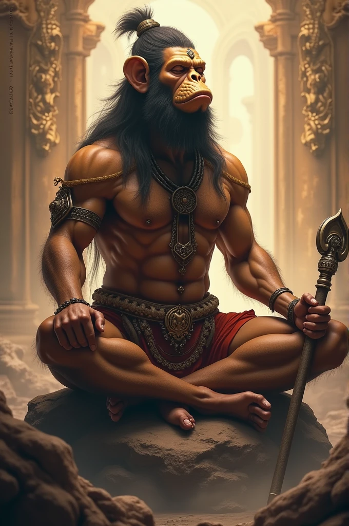 Bhagvan hanuman,human fit body,homan and vanar face,vanar tail,in hand gotha , meditation position