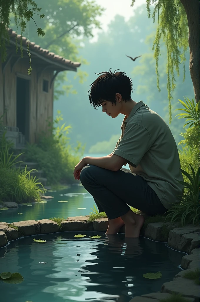 Sad teenager looking at a water well