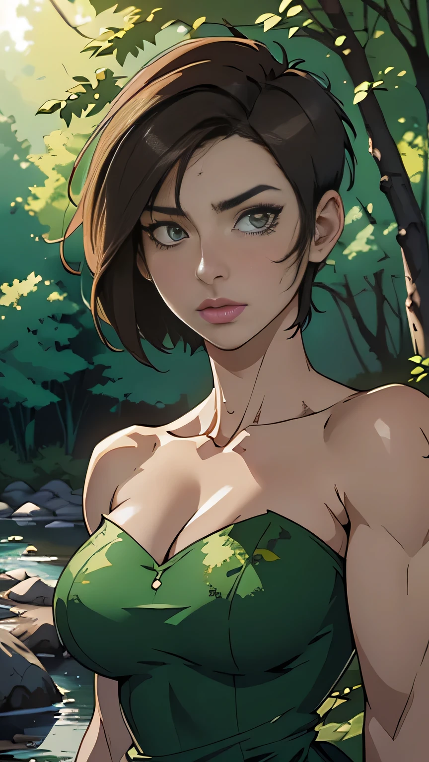 photo of mlp Meowko, RAW, beautiful woman, ((portrait)), ((detailed face:1.2)), ((anime face, anime facial feature, clear skin, glossy anime lips, clear skin), (short messy lesbian haircut, brunette: 1.55), (perfect proportioned body, Strong, muscular, narrow waist, narrow hips, skinny, large breasts), (she is wearing a dress made of leaves, Green strapless dress, poison ivy cosplay), in a forest forest, surrounded by trees, on a rock by a stream, (realistic photo, best quality, detailed), (8k wallpaper), (cinematic lighting, beautiful light, (afternoon:1.3)) (sharp focus, intricate)