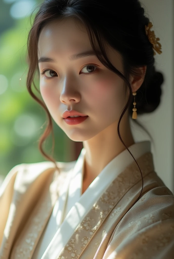 An elegantly dressed Japanese woman in natural light、A close-up of her chest and calm expression.、It shows her inner peace and outer charm.。