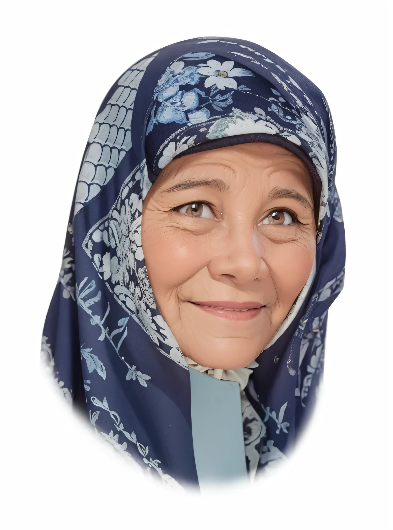 A smiling grandmother, wearing a headscarf, 3D render, 3D Cartoon, big head, cartoonish look, high resolution, super detail, soft lighting