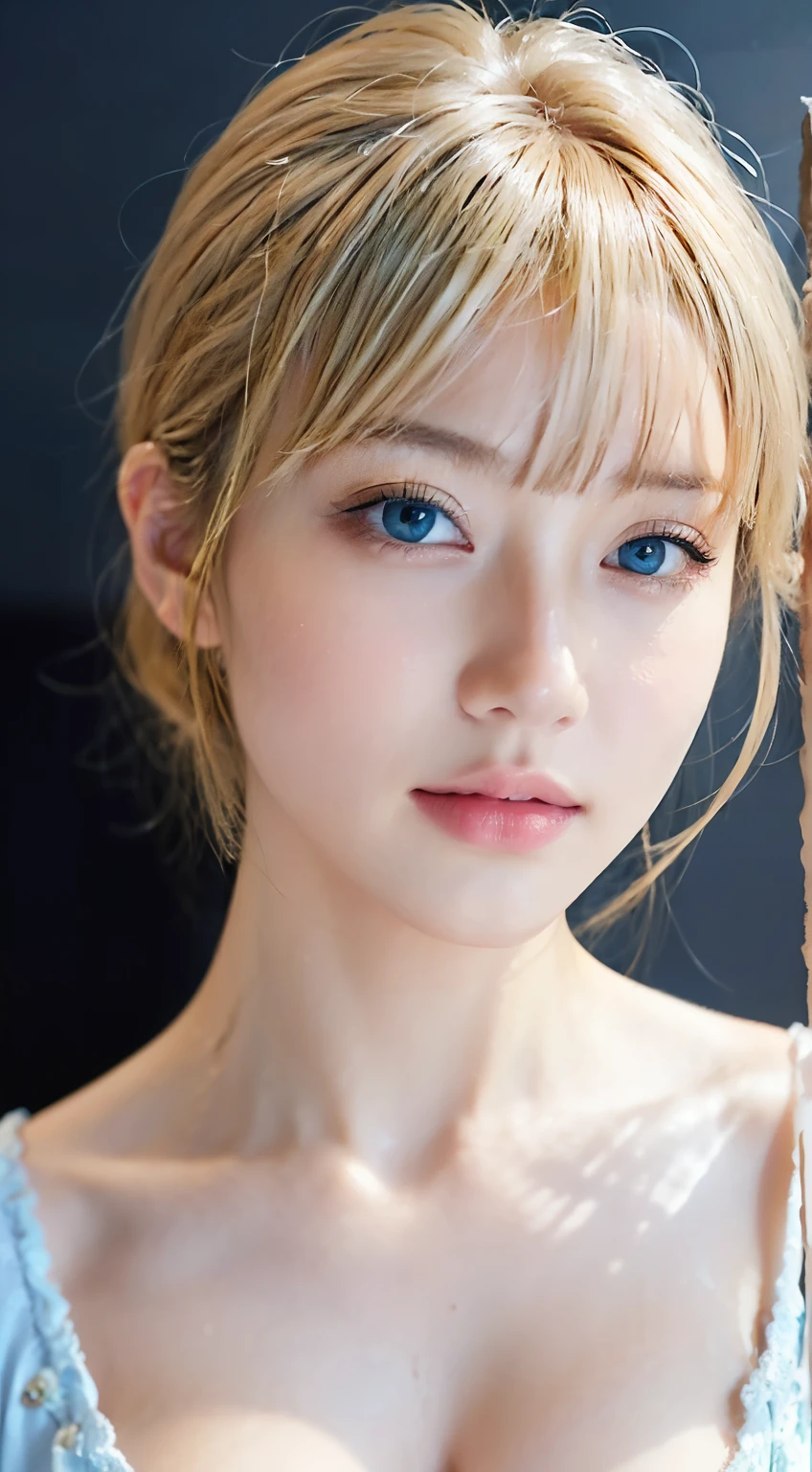 Beautiful and fair、Glowing Skin, 3 Up, nice, bright, Refreshing and gentle look, Perfect beautiful face、Blonde Short Hair,Beautiful shiny bangs, Very beautiful girl, eyeliner, So perfect and beautiful、Big, clear, sky-blue eyes,Very large breasts,The original skin is visible through the grooves,Muscular body,athlete