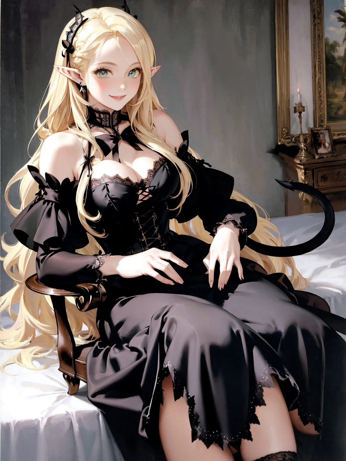 Gothic fashion woman，(masterpiece, Highest quality) detailed,Silver Accessories , blonde ,Pointy Ears ，(Lace Underwear)，Double Tail，Waist-length hair，smile，White lace socks，Rococo、Gorgeous dress
