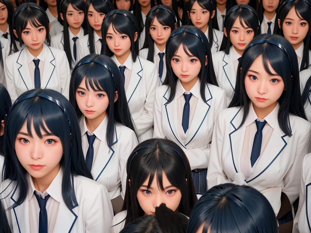 (((Clone Art、Very detailed depiction of a female avatar、8k: 1.5)))、Realistic、(())、((日本人のhigh school girl))、high school girl、((high school girl))、Beauty、woman、((Summer uniform、blue、White shirt、Skirt is light blue、White Pantyhose、Black leather shoes: 1.9))、((Black Hair、ponytail、Japan Eyes、smile: 1.9))、Beautiful Skin、Big Breasts、((There are many cloned humans who have the exact same face and body shape as the high school girl: 1.8))、Enclosure、数万人のhigh school girl、Standing、sitting、((crowd、Group、Intensive))、(((top view)))