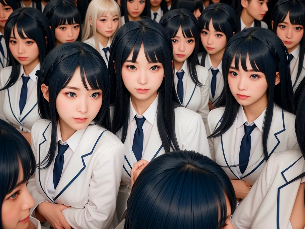 (((Clone Art、Very detailed depiction of a female avatar、8k: 1.5)))、Realistic、((16 years old))、((日本人のhigh school girl))、high school girl、((high school girl))、Beauty、woman、((Summer uniform、blue、White shirt、Skirt is light blue、White Pantyhose、Black leather shoes: 1.9))、((Black Hair、ponytail、Japan Eyes、smile: 1.9))、Beautiful Skin、Big Breasts、((There are many cloned humans who have the exact same face and body shape as the high school girl: 1.8))、Enclosure、数万人のhigh school girl、Standing、sitting、((crowd、Group、Intensive))、(((top view)))