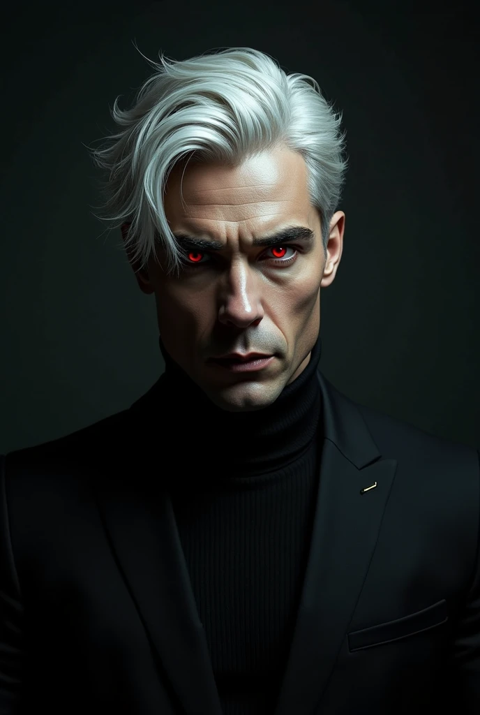 (Photorealism:1.2), , Man with white hair, red eyes, black suit