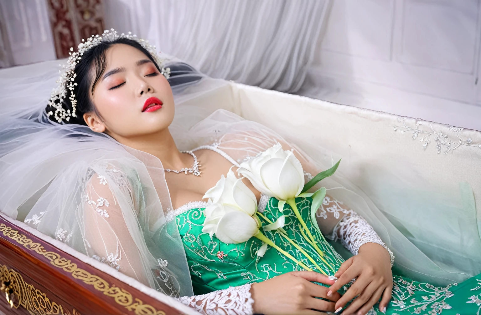 In a striking 8K HDR scene, a stunning Korean woman, 22 years old, lies peacefully in a long coffin and coffin lid beside the dead body. surrounded by plush pillows behind head. The deep box is set against a rich white background, accentuating the beauty of the subject. Her exquisite deep-V neckline kebaya attire is embroidered with superb detail, showcasing her round and firm breasts, perfect cleavage, and beautiful eyebrows. Her closed eyes and mouth give an air of serenity, while her visible and absolute cleavage leave nothing to imagination. The scene is bathed in saturated colors, highlighting every intricate aspect from the ball skirt to her clean face, straight body, detailed hand perfect hands, straight body, own hands together, own hand on stomach, detailed hands, perfect hands, holding the flowers