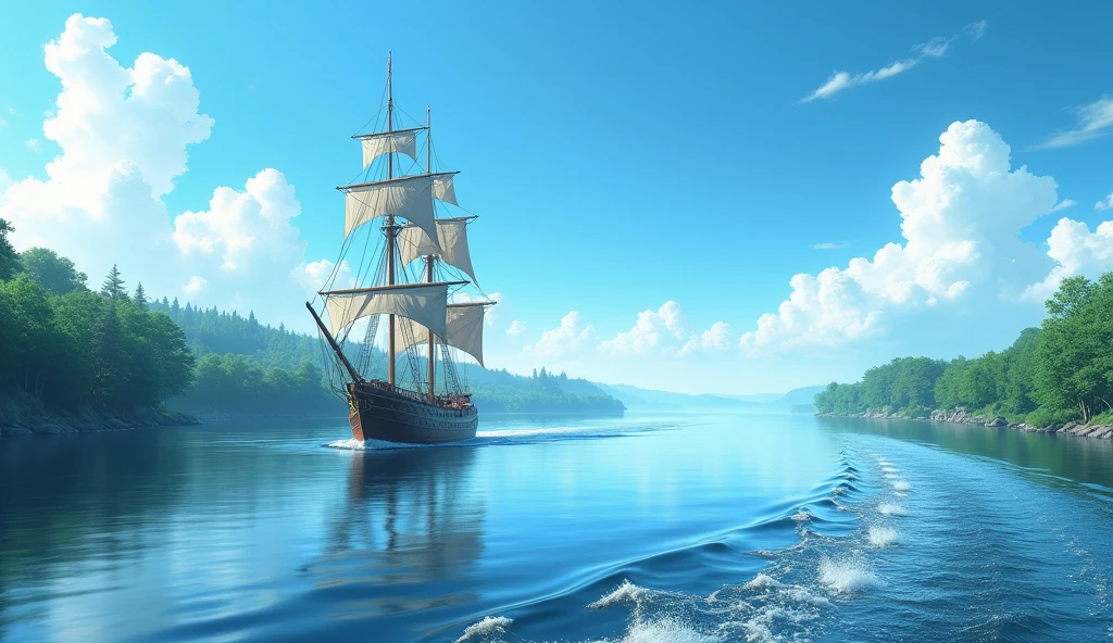 A serene river scene with a large ship sailing on calm waters. The sky above is a brilliant shade of blue, with a few fluffy white clouds scattered across. The perspective is from another ship, capturing the peaceful ambiance of the river and the majesty of the ship against the vast sky