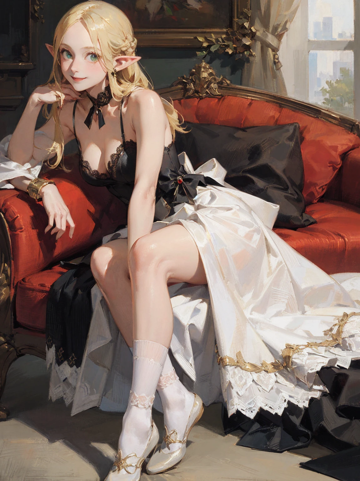 Gothic fashion woman，(masterpiece, Highest quality) detailed,Silver Accessories , blonde ,Pointy Ears ，(Lace Underwear)，Double Tail，Waist-length hair，smile，White lace socks，Rococo、Gorgeous dress
