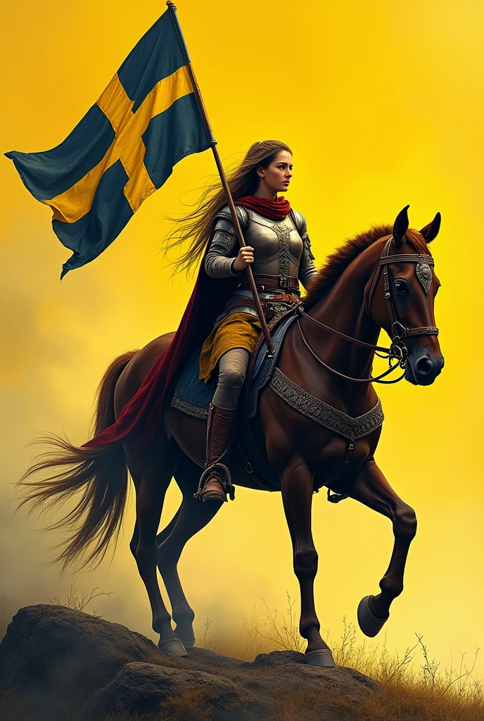A female warrior rider from the Middle Ages on two legs on her horse holding the Swedish-style flag in war, with an elongated cross from left to right, with the yellow background and the black cross. carries a sword.