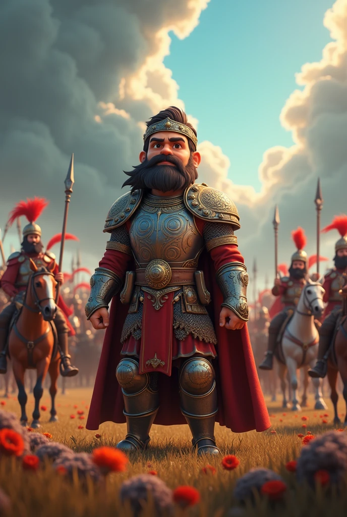 In cinematic 3d cartoon style'3. **Preparing for Battle:**
   - **Description:** King Vardhan in armor, standing on a battlefield with his generals. The scene captures the tension and preparation of the troops, with soldiers in battle gear, horses, and weapons. The sky is dramatic, reflecting the seriousness of the impending conflict.
