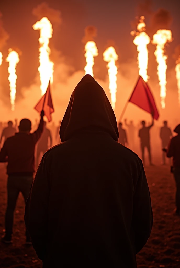 Man in hood in the foreground and behind fans with flag and pyrotechnics