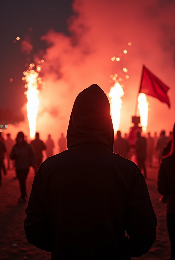 Man in hood in the foreground and behind fans with flag and pyrotechnics 