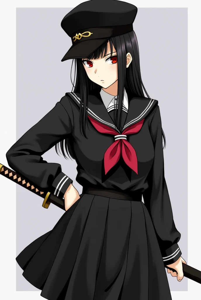 woman,Himecut,Straight-Black-hair,Long-hair,black-Japanese-sailor-school-uniform,Red-eyes,black-hat,Sharp-eyes, Striaght,carries a katana strapped to her hip,High school,tall,beautiful,realistic,elegant,badass, adult