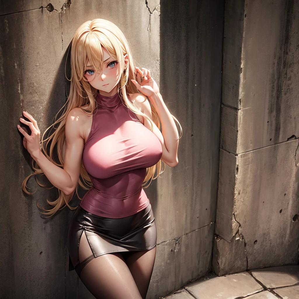 Early 30's, long blonde hair, large heavy breasts, slender toned build, pink tank top (braless), short leather skirt, pantyhose, leaning against a wall in a dungeon, legs parted, big cock, eye contact, cowboy shot, close up
