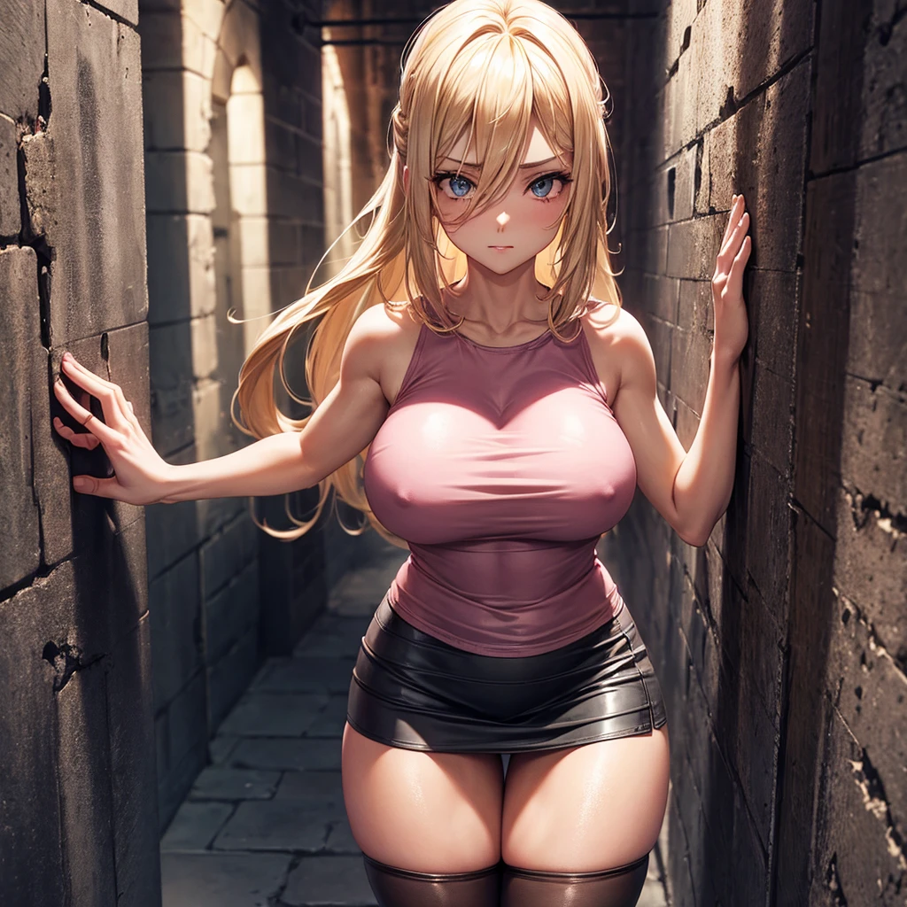 Early 30's, long blonde hair, large heavy breasts, slender toned build, pink tank top (braless), short leather skirt, pantyhose, leaning against a wall in a dungeon, legs parted, big cock, eye contact, cowboy shot, close up