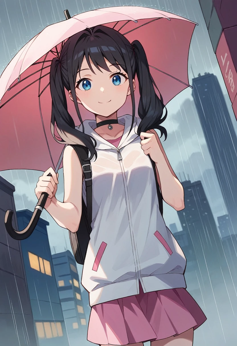 score_9, score_8_up, score_7_up, source_anime,
hinaamano, hina amano, black hair, twintails, blue eyes, smile,
skirt, jacket, sleeveless, choker, hood, bag, hoodie, white jacket, backpack, hood down, hooded jacket, pink skirt, sleeveless jacket, sleeveless hoodie,
outdoors, cityscape, raining, umbrella, holding umbrella,
looking at viewer, dutch angle, cowboy shot,dynamic pose