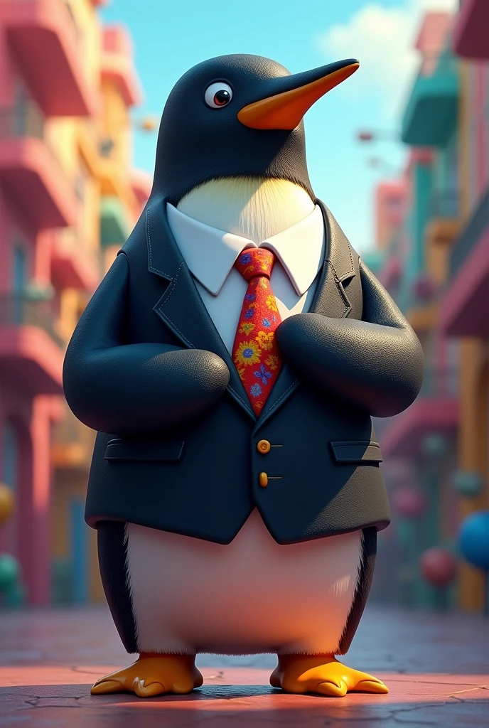 Tux suit adjusting tie. Tux is the penguin of Linux. colorfully