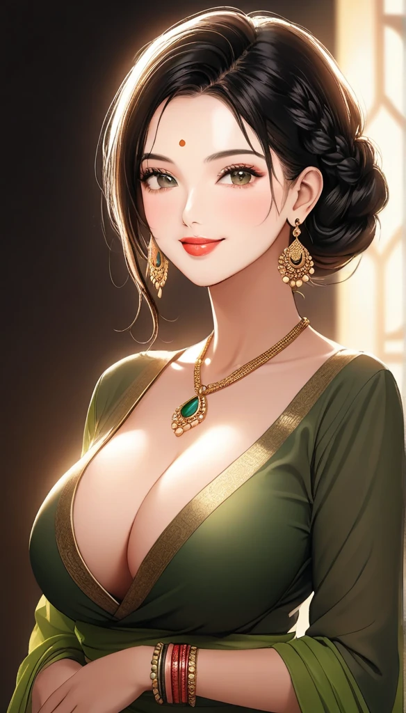 (1woman, mature, single hair braid, plunging neckline light green kurta, black jeans, intricate metallic earrings, detailed alluring eyes, smooth detailed lips, beautiful face, smiling, red lipstick, bangles, saggy breasts, photorealistic, 8k, hyperdetailed, vibrant colors, studio lighting, masterpiece, cinematic composition, dramatic lighting, intricate details, highly realistic skin textures, volumetric lighting, beautiful intricate jewelry, warm color palette, natural lighting, elegant pose, beautiful detailed expression, hyper realistic rendering, seamless blending, flawless skin, glowing skin, delicate features, breathtaking realism, striking composition),tall , necklace, bangles ,full body view, cleavage , mehendi, seductive pose,