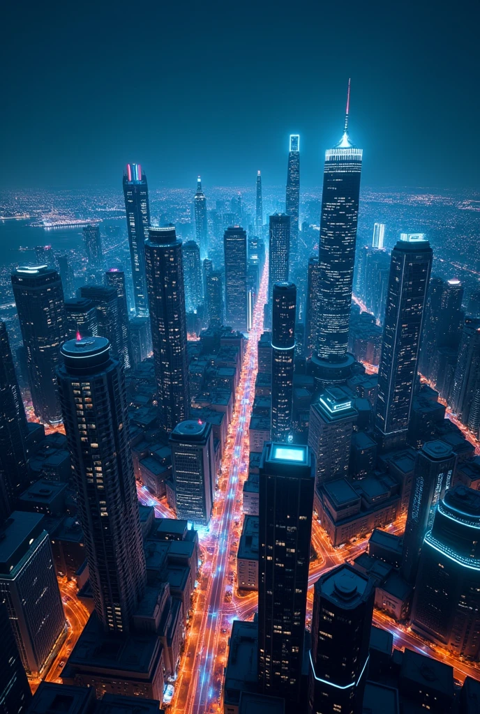 A futuristic cityscape at night, where data flows like glowing streams of light between skyscrapers, symbolizing the omnipresence of machine learning in modern technology.