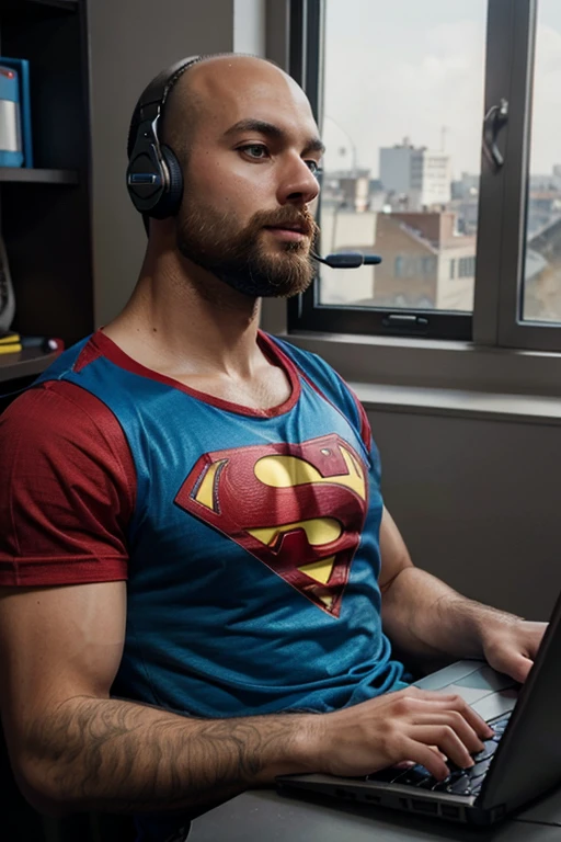A young sexy bald and bearded European man with a superman t-shirt is working on his laptop and with a telephone headset on his ears