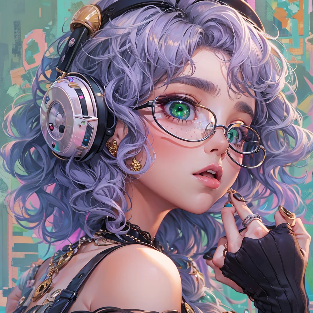 stylish pose, (cleavage), (masterpiece:1.0), (best_quality:1.0), (extremely pop and cool:1.2), 8k, ultra-detailed, enlarged textures, portrait, solo, young, woman, pale skin, curly blue and purple hair, finely detailed eyes and detailed face, face freckles, perfect eyes, equal eyes, eyelashes, green thick eyeliner, green makeup lips, plump lips, small, full body, D cup bust, thick belly, thick thighs, tick butt, harajuku outfits, earrings, cool chocker, plastic pearl necklace, kids necklaces, cool glasses, full of colors, harajuku style, bandages accessories, headphone harajuku