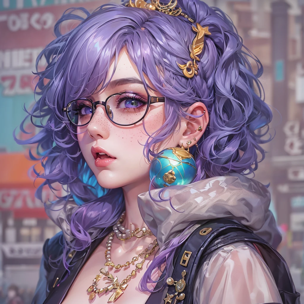 stylish pose, (cleavage), (masterpiece:1.0), (best_quality:1.0), (extremely pop and cool:1.2), 8k, ultra-detailed, enlarged textures, portrait, solo, young, woman, pale skin, curly blue and purple hair, finely detailed eyes and detailed face, face freckles, perfect eyes, equal eyes, eyelashes, green thick eyeliner, green makeup lips, plump lips, small, full body, D cup bust, thick belly, thick thighs, tick butt, harajuku outfits, earrings, cool chocker, plastic pearl necklace, kids necklaces, cool glasses, full of colors, harajuku style, bandages accessories, headphone harajuku